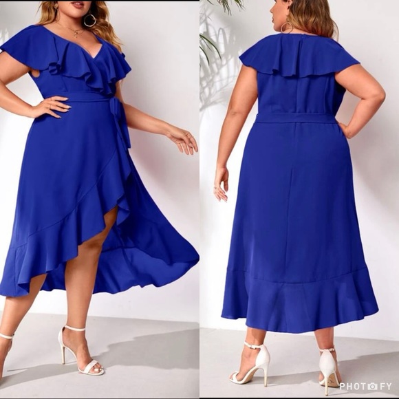 Dresses & Skirts - Boho Plus Size Ruffle Hem Wrap Belted Maxi Dress Blue or Pink